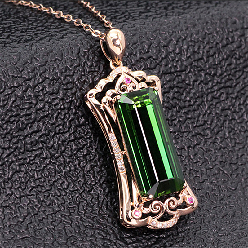 长方形祖母绿碧玺吊坠 镀玫瑰金伴红刚玉钻镶绿宝石吊坠彩宝吊坠