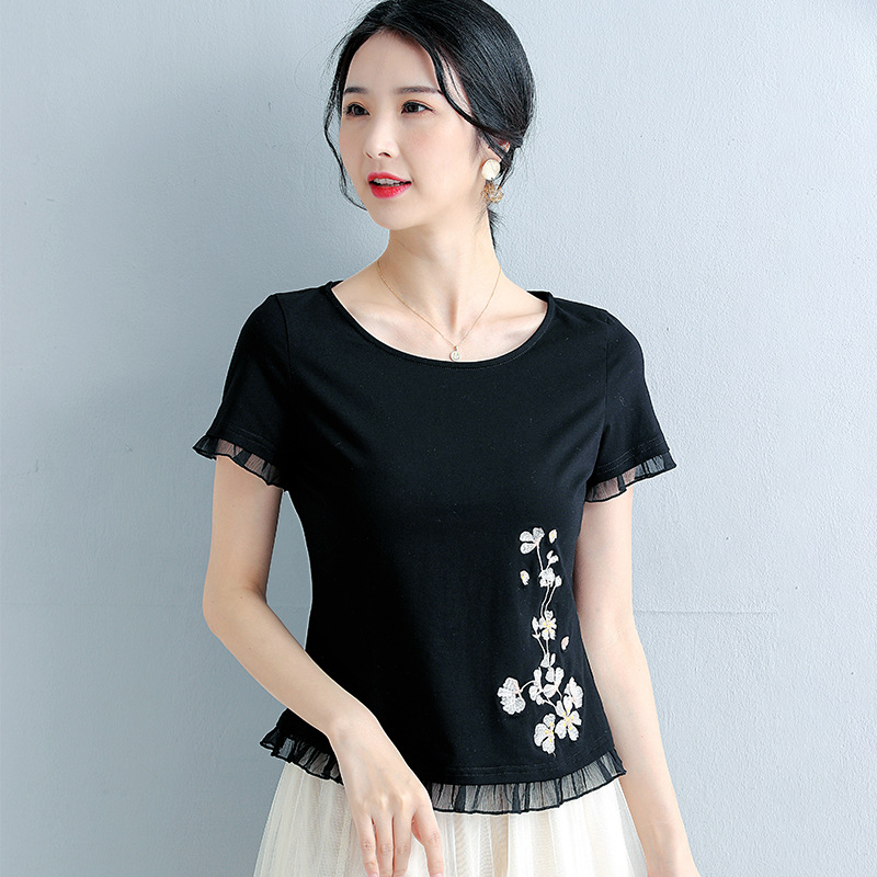 夏季棉高腰女半袖t恤洋气短装雪纺边上衣短袖修身短款时尚小衫