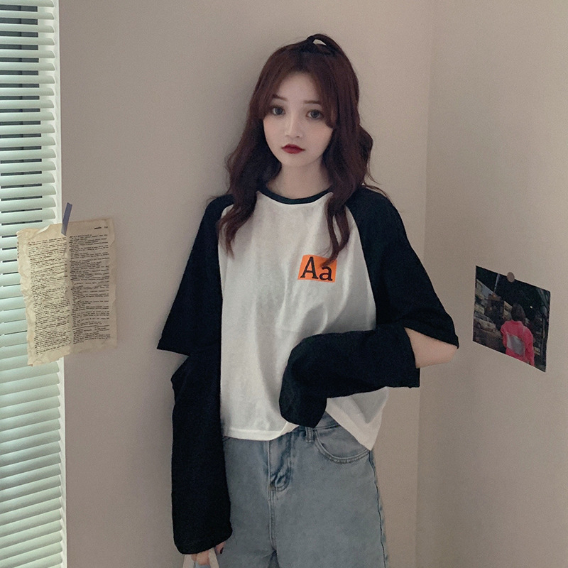 棉质 拼接撞色插肩袖长袖t恤女2020新款韩版时尚百搭打底衫衣服女