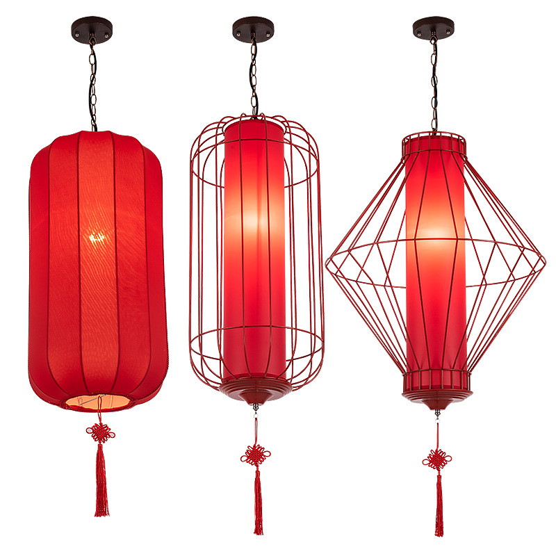 中式小吊灯仿古中国风餐厅饭店茶楼过道布艺红色灯笼装饰火锅灯具