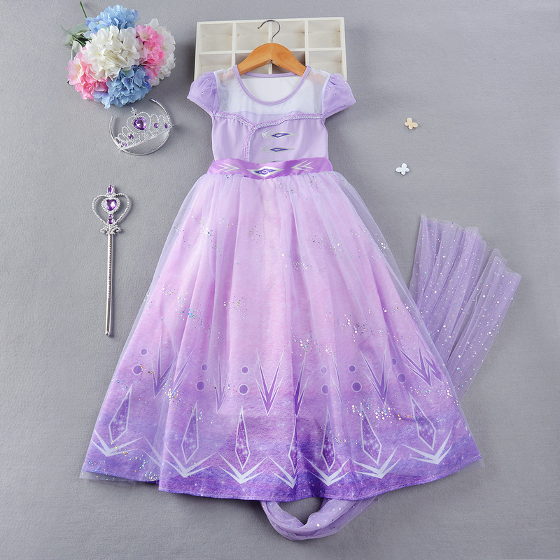 爱莎公主裙冰雪奇缘2紫色短袖艾莎连衣裙儿童服装女孩六一演出裙