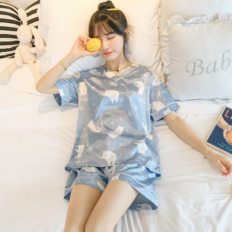 Tiktok Cross-Border Hot Summer Short-Sleeved Ice Silk Pajamas for Women Loose and Comfortable Wechat Quick Hand Internet Celebrity Homewear for Women