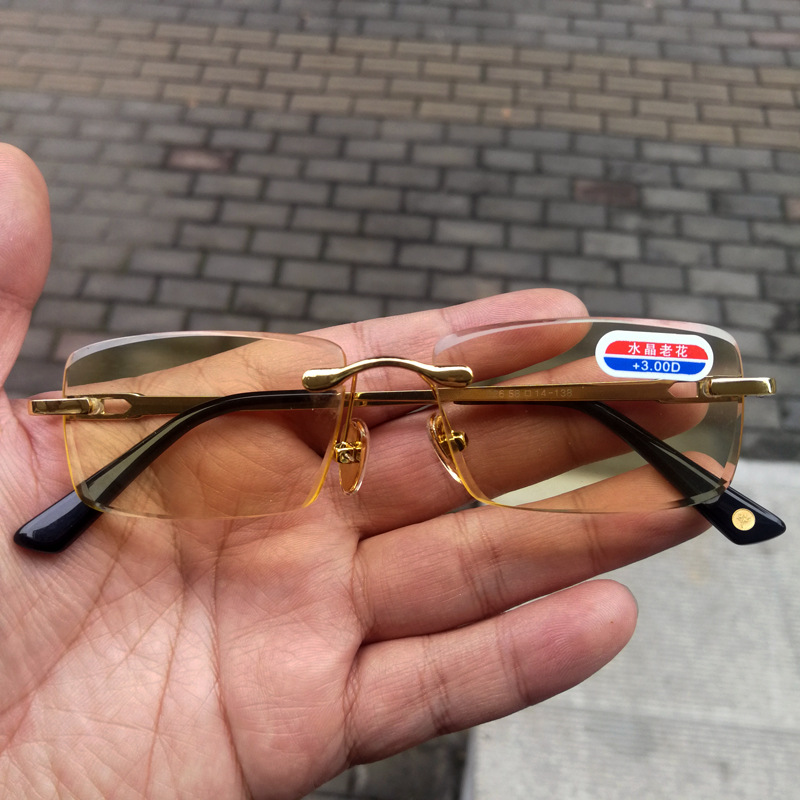 水晶眼镜竹叶青老花镜高清石头镜老光眼镜切边无框定做批发中老年