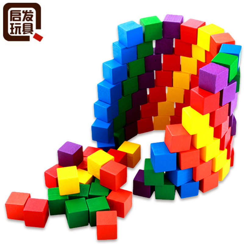 早教益智木质玩具100粒正方形彩色积木教具立体拼方块厂家直销