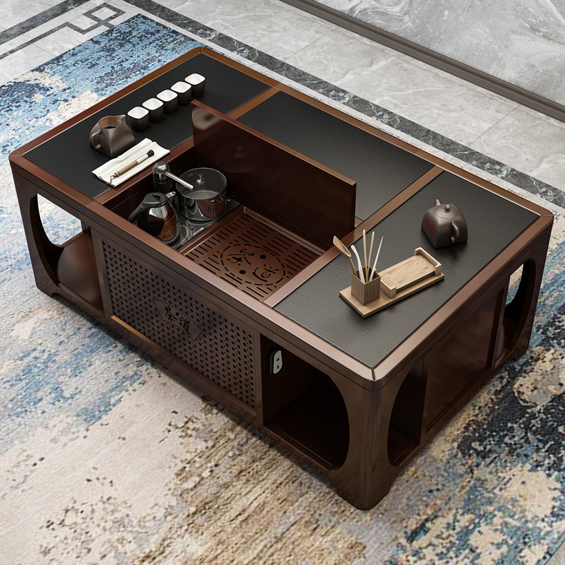 火烧石新中式实木功夫办公室喝茶茶几升降餐桌两用客厅家用茶桌