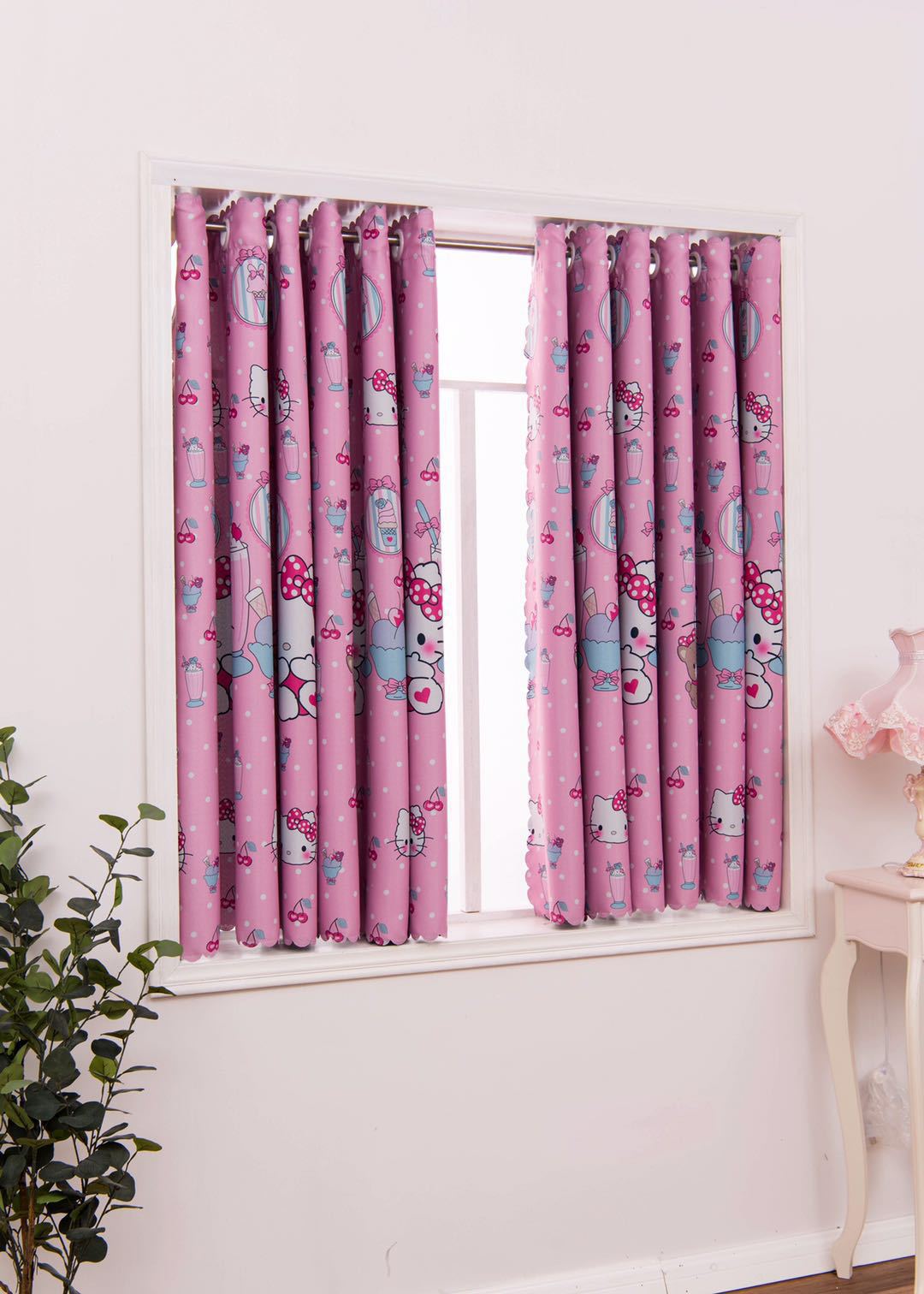 kitty窗帘可爱卡通粉色女孩儿童房卧室遮光窗帘加宽短款