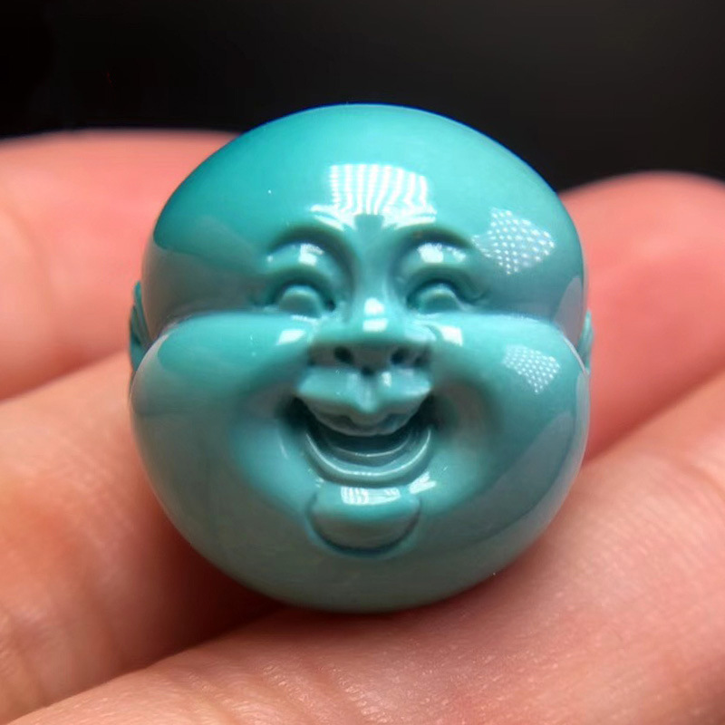无优化天然原矿高瓷玉化绿松石弥勒佛头雕刻背云顶珠散珠圆珠配饰