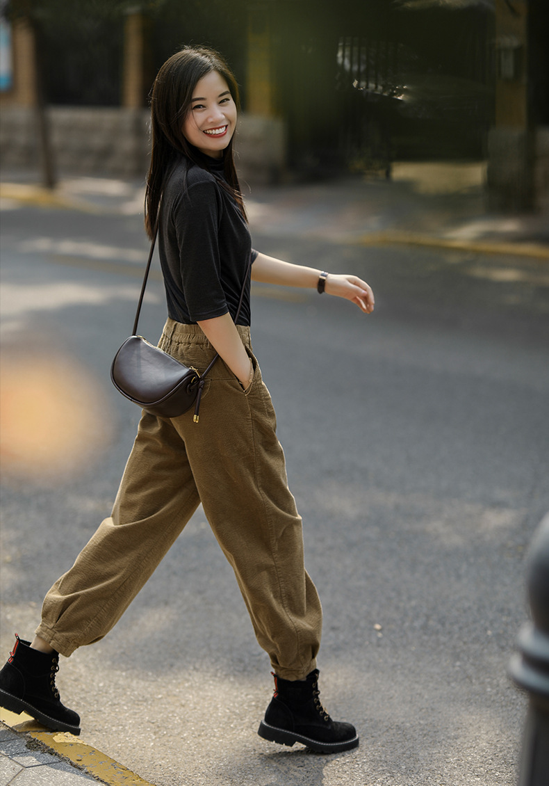 雅沐兰灯芯绒工装裤女2022春季新款高腰小脚毛呢条绒老爹裤子显瘦