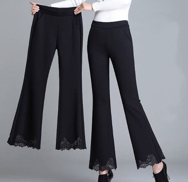 2023 Lace Edge Bell-Bottom Pants Black High Waist Cropped Pants Outer Wear Women Temperament Commute Lightly Mature Women's Casual Trousers