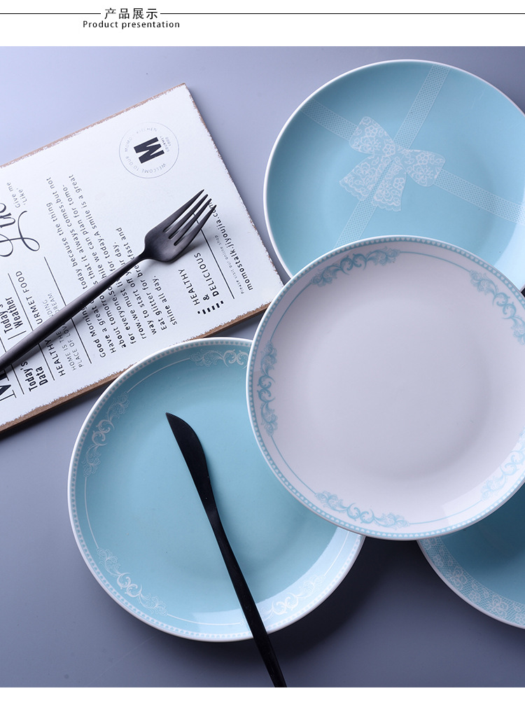 ins法式复古西餐盘子8寸蒂芙尼蓝蝴蝶结系列陶瓷盘美食摆拍早餐盘