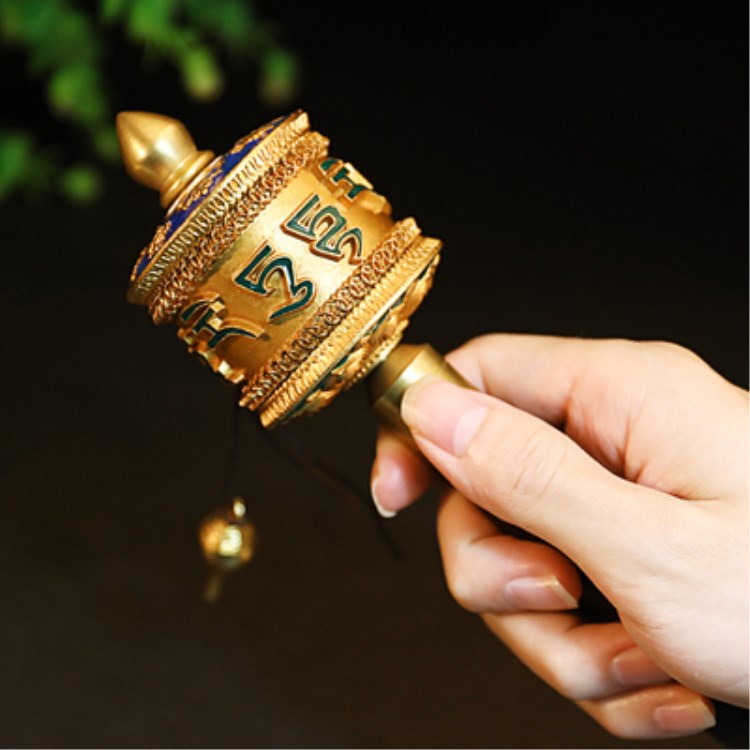 纯铜八宝吉祥小手摇转经轮密宗修行佛具用品迷你绿度母莲花转经筒