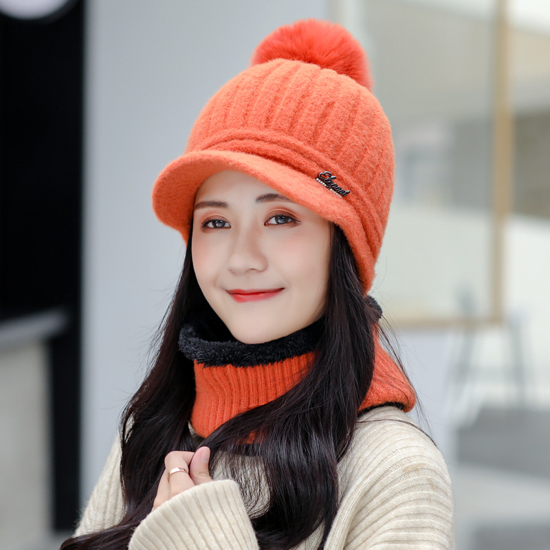 帽子女冬季纯色加厚针织帽保暖户外鸭舌帽骑行护耳围脖毛线帽批发