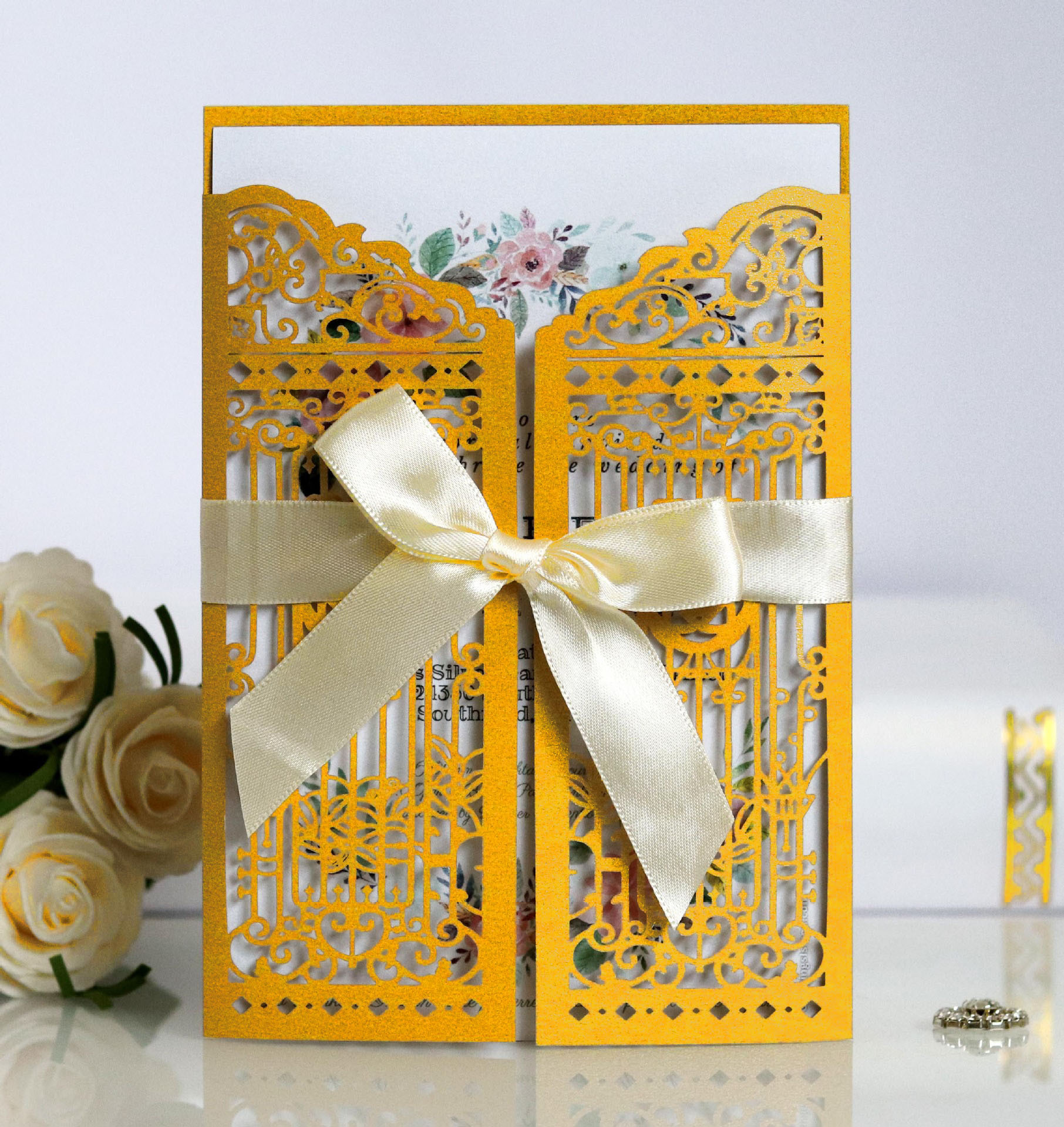 亚马逊祝福贺卡激光切割金色幸福之门邀请函 结婚镂空喜帖批发