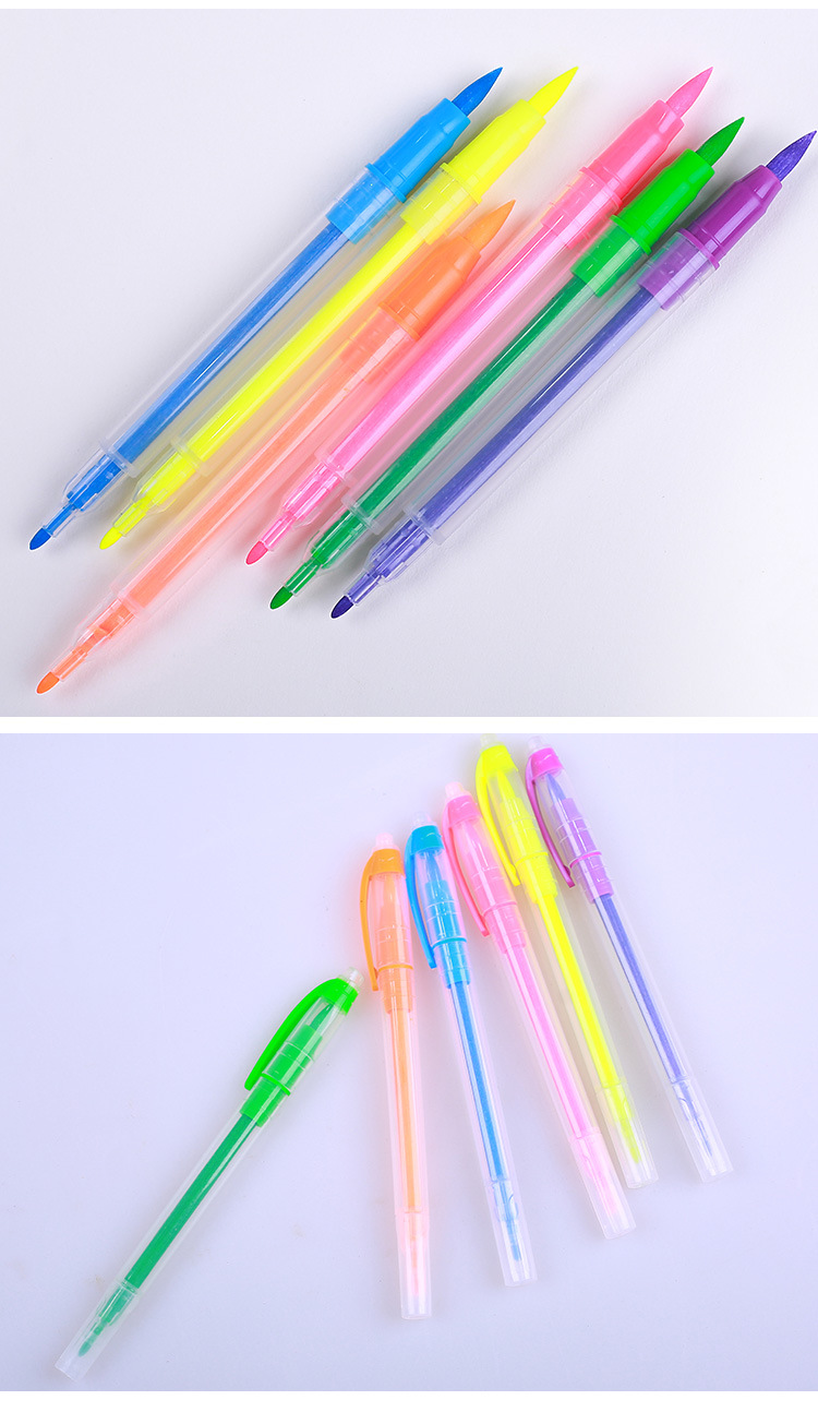 厂家批发现货双头荧光笔定制logo透明杆双头多色笔塑料荧光笔套装
