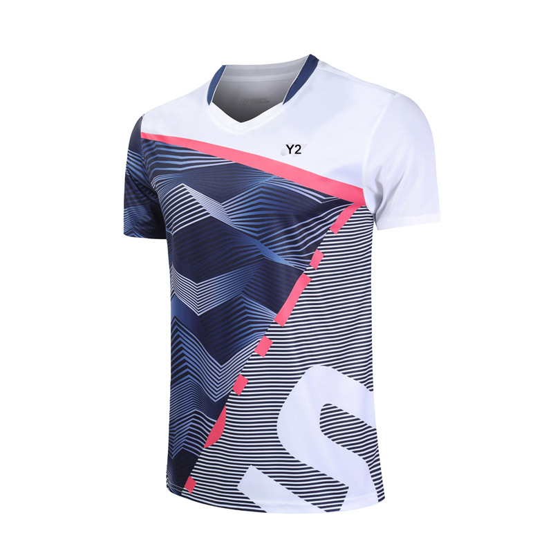 新款羽毛球服男女款韩国羽毛球服拼色印花运动速干短袖运动服3619