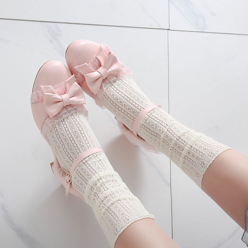 日韩小清新甜美蕾丝高跟鞋少女中粗跟圆头洛丽塔包头凉鞋28-43码