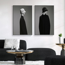 简约北欧黑白艺术时尚戴帽子绅士人物玄关走廊装饰画图片画芯