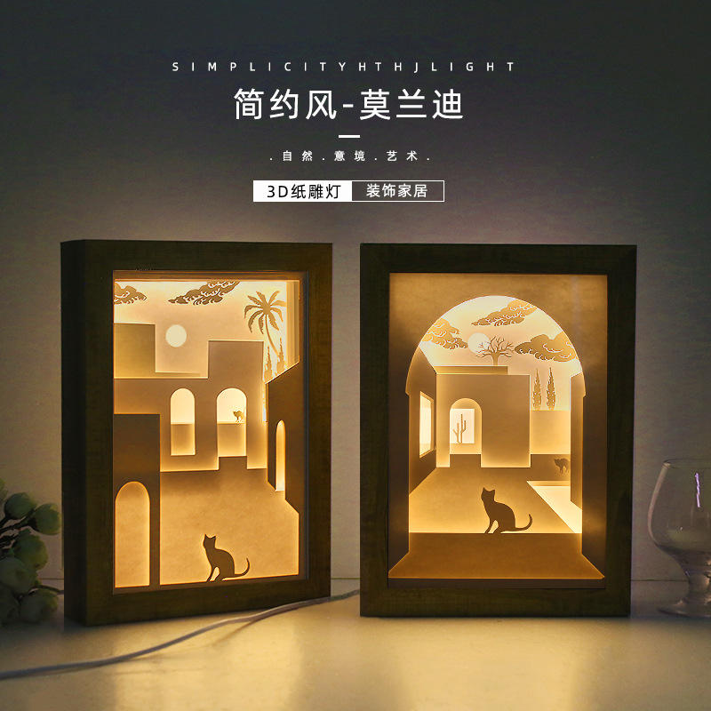 国风创意礼品文创工艺品剪影灯小夜灯莫兰迪diy3d立体光影纸雕灯
