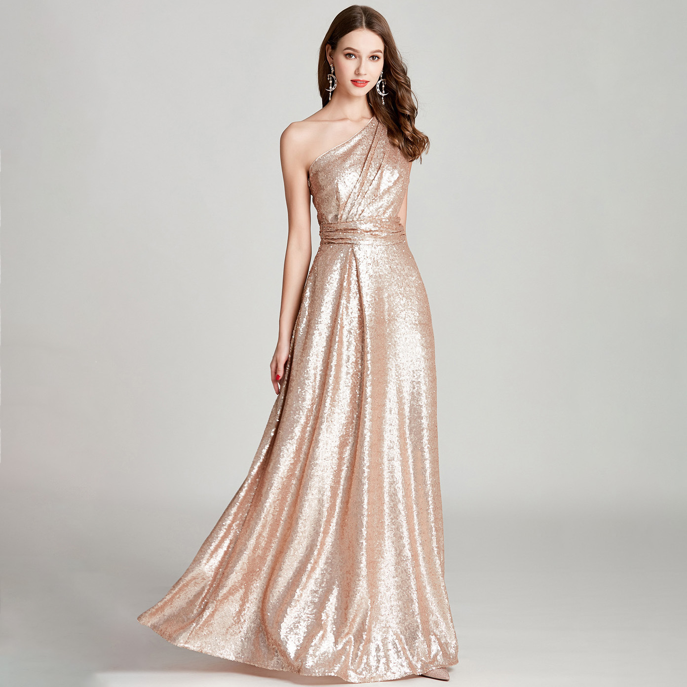 22热销欧美性感单肩亮片褶皱大摆伴娘裙宴会舞会主持人晚礼服