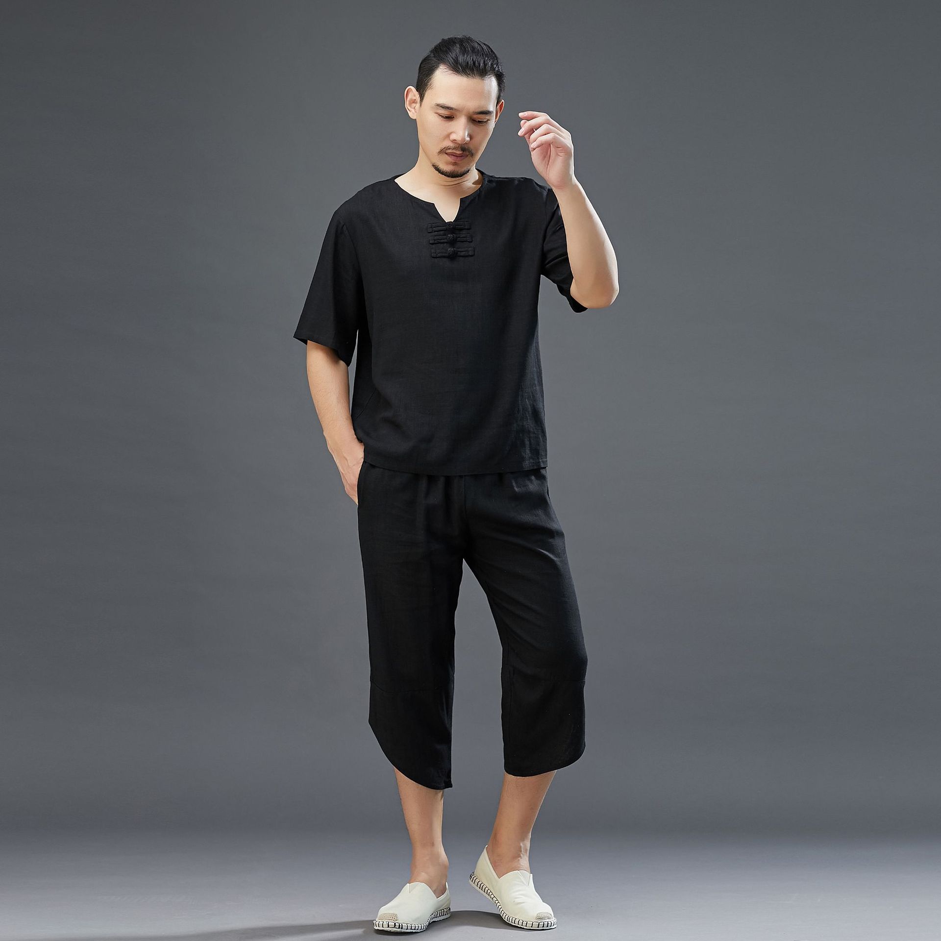 男式2020春夏季新款三扣套装亚麻休闲裤潮流中国风纯色v领套装