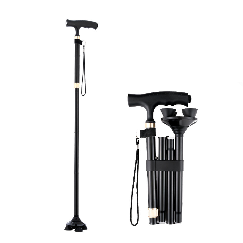 Walking Stick for the Elderly Four-Leg Collapsible Walking Stick for the Elderly Aluminum Alloy Lightweight Multifunctional with Lights Non-Slip 5 Sections