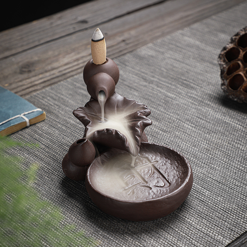 倒流香炉创意摆件紫砂荷叶葫芦静财家居陶瓷工艺品厂家直销跨境