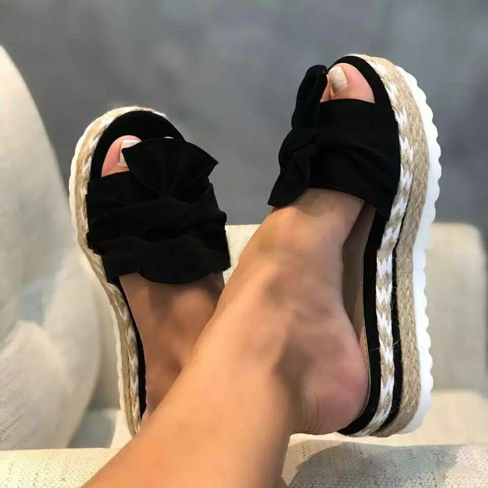 Foreign Trade Large Size Women's Shoes One-Word Sandals Women's Outer Wear European and American Summer Wedge Bow Slippers Women's Beach Sandals