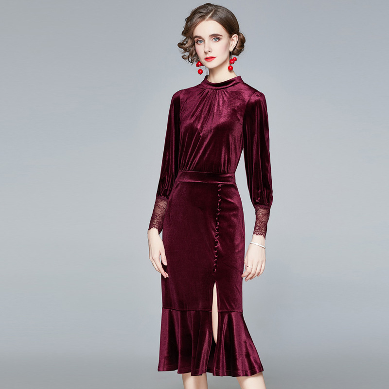 欧美丝绒连衣裙女2020秋冬 新款长袖酒红色洋气法式复古鱼尾裙子