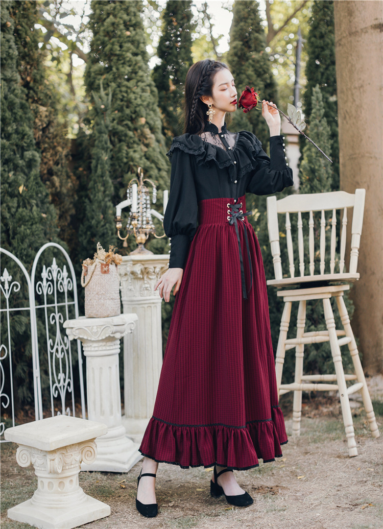 法式欧式宫廷复古长袖蕾丝衬衫条纹长裙两件套连衣裙暗黑系lolita