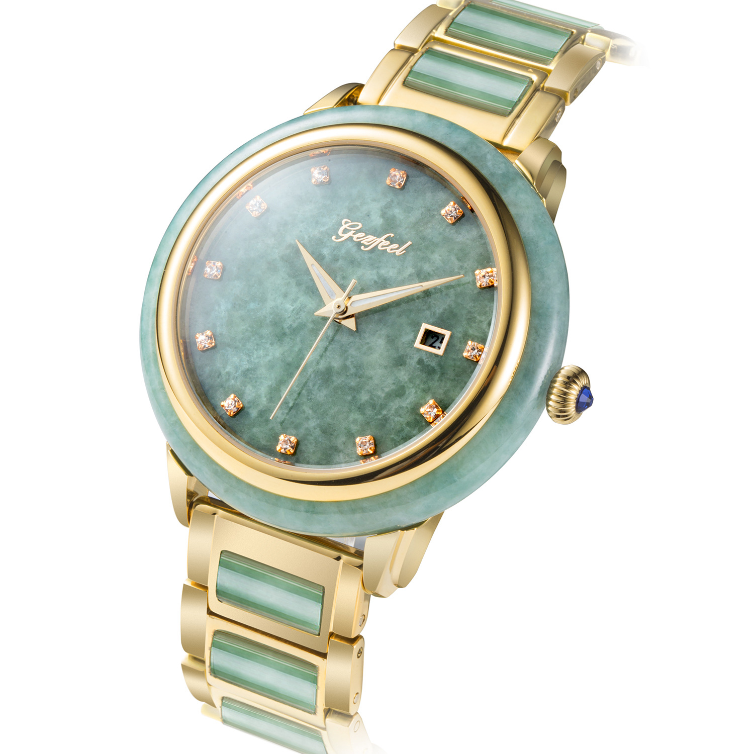 厂家批发抖音快手a货翡翠情侣表 时尚玉石全自动机械手表