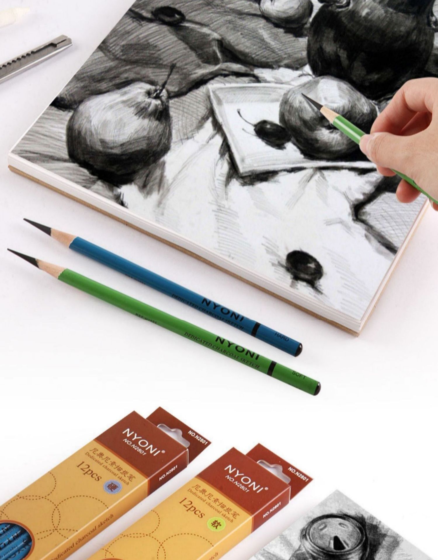 尼奥尼炭笔专业级素描速写碳笔软中硬初学者专业绘画尼奥尼软碳笔
