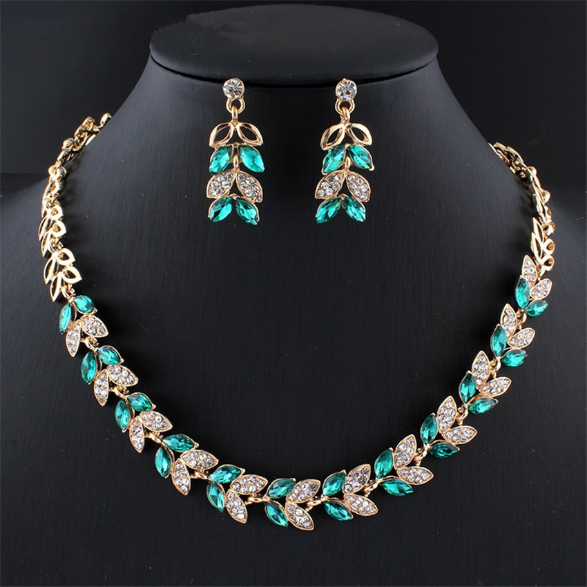Women's Retro Europe and America Alloy Printed Water Wave Chain Metal Blue Gold-Plated Earrings Necklace