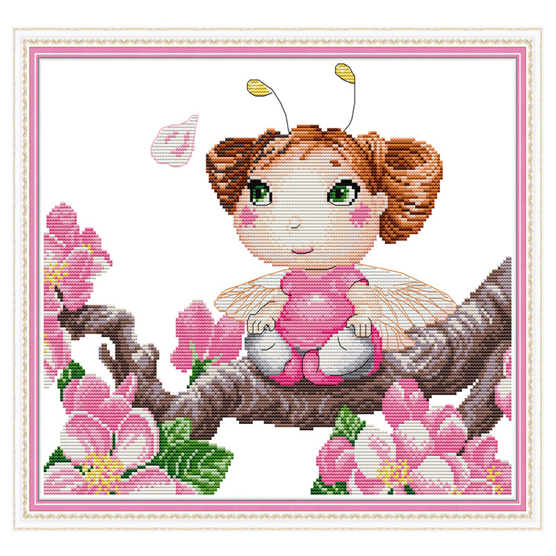 欢乐99 十字绣桃花树上的蜜蜂仙子自绣刺绣挂画diy材料包厂家批发