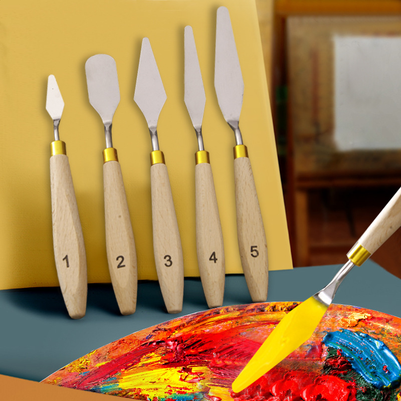 原木色水粉刮刀油画颜料刀美术用品木柄不锈钢工具刀调色刀批发