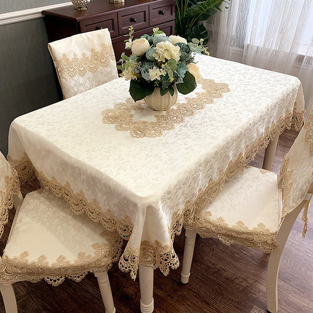 美式餐桌布布艺蕾丝隔热家用椅子套罩白色饭桌椅套椅垫套装长方形