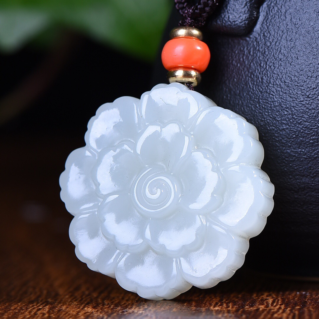 保真新疆和田玉白玉牡丹花吊坠 女款富贵花玉坠花卉挂件挂坠项链
