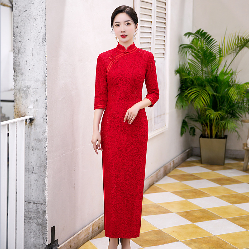 红色礼仪迎宾旗袍敬酒服2020新款蕾丝长款新娘结婚礼服女冬季长袖