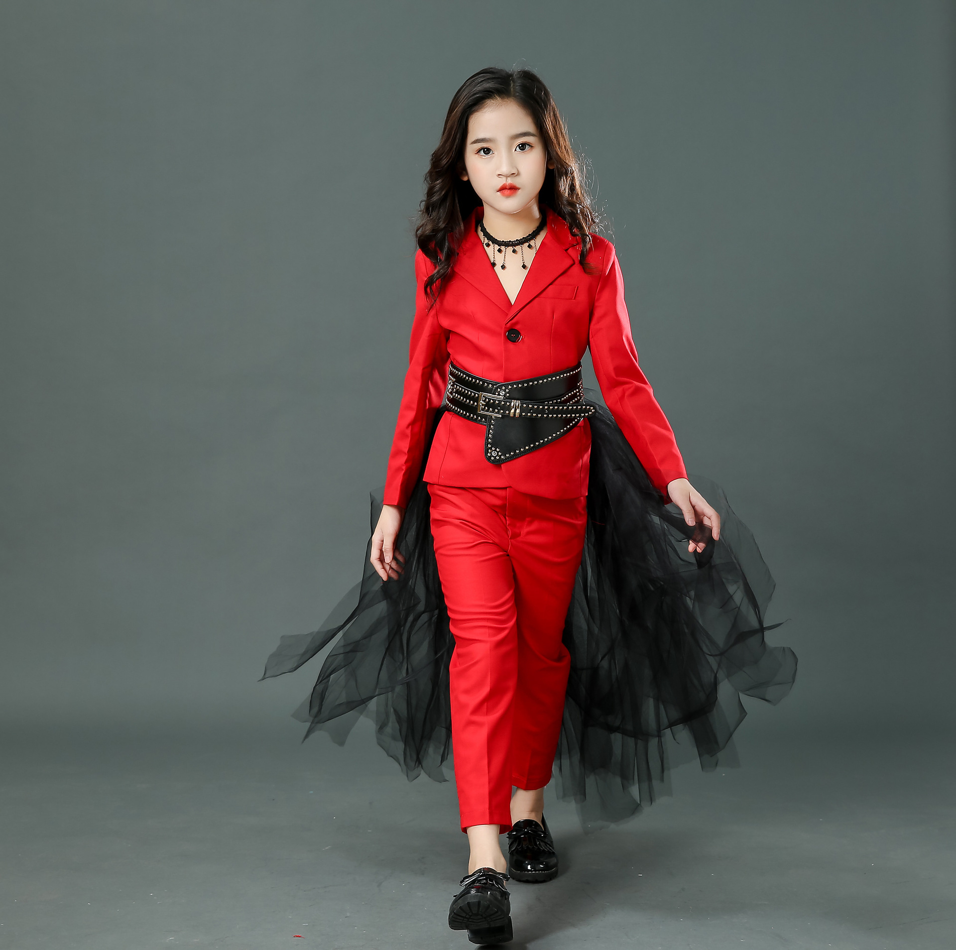 女童中国红西装套装拖尾t台走秀潮服儿童模特演出服时尚车模礼服