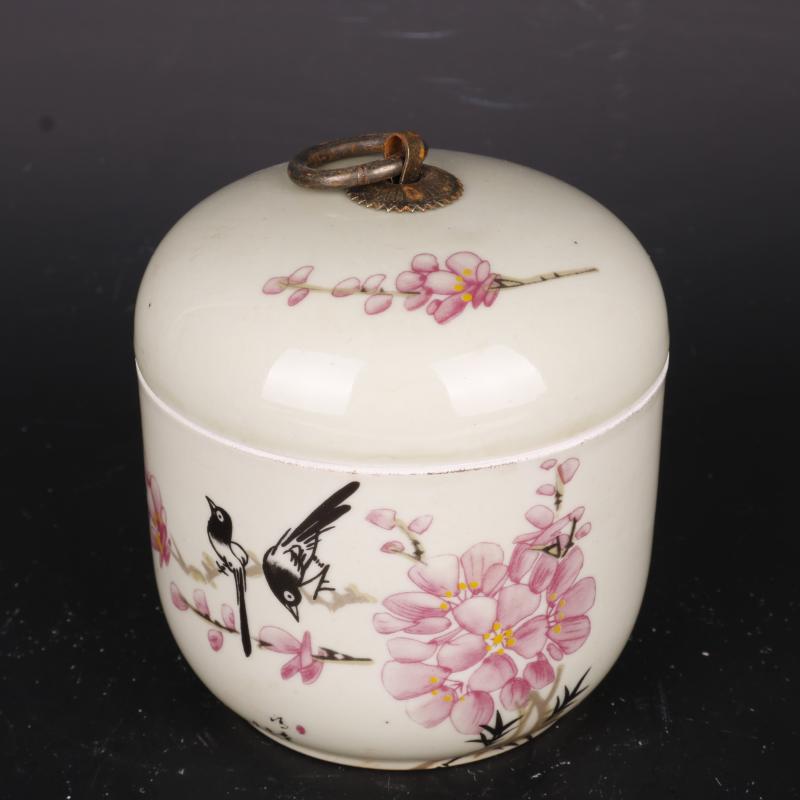 民国居仁堂粉彩桃花花鸟茶叶罐仿古工艺瓷器家居中式摆件古玩收藏