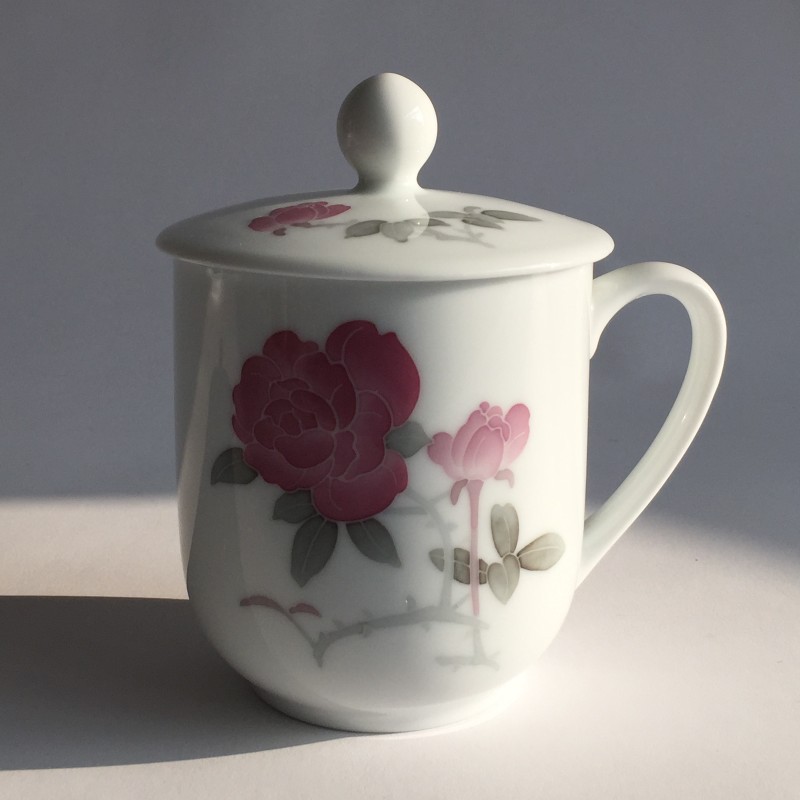 醴陵釉下五彩瓷带盖陶瓷杯办公会议杯子老板杯手绘月季人大杯茶杯