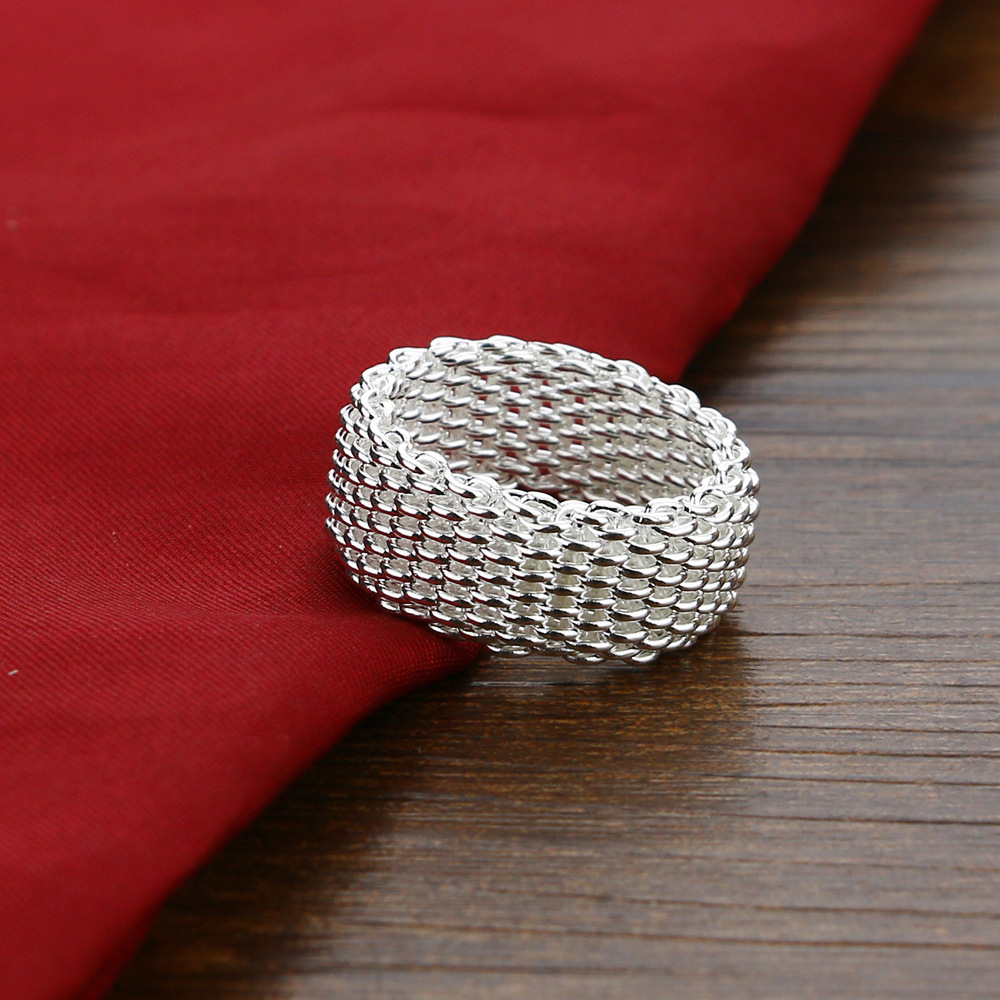 跨境热销编织网软戒指女镀s925纯银日韩版简约指环银首饰工厂批发