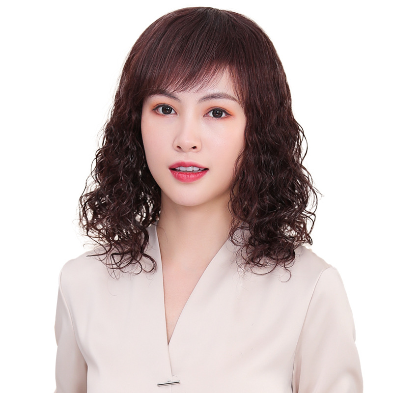 全真发女时尚妈妈款小卷中长发自然蓬松气质斜刘海羊毛卷真发假发