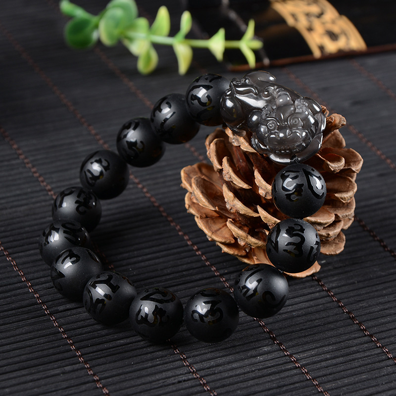 批发 黑曜石六字真言圆珠貔貅手链 男女款黑曜石玉石手串
