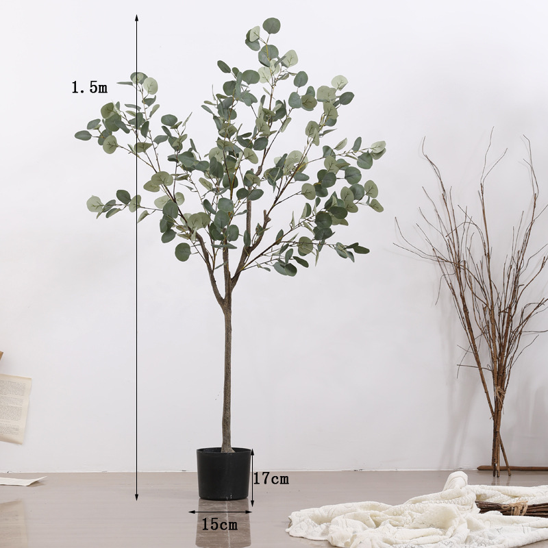 European-Style Large Artificial Plant Pot Eucalyptus Tree Indoor TV Cabinet next to Floor-Standing Decorations Bonsai Money Leaf Tree