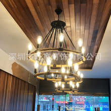 美式loft复古工业风酒吧餐厅铁艺个性创意厂家双层麻绳圆古堡吊灯