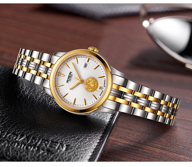 劳士顿情侣表时尚潮流防水钢带日历18k镀金表自动机械表2163