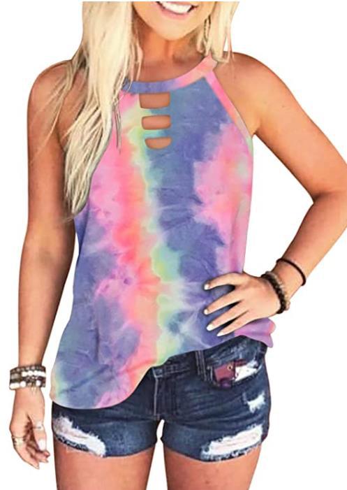 2023 Women's Summer New Amazon Hot round Neck Tie-Dyed Leopard Print Vest T-shirt for Women