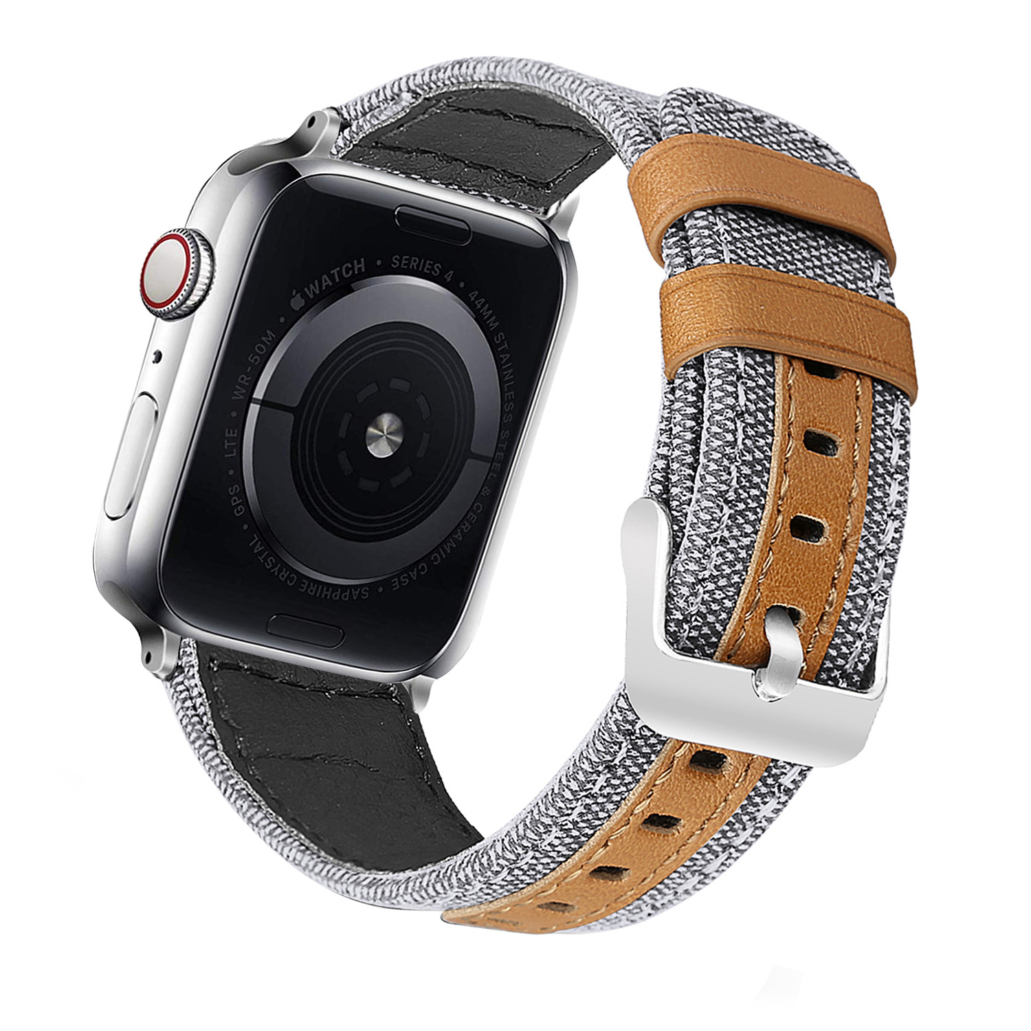 适用苹果6/se/5/4/3/2/1代 真皮牛仔布表带 帆布纹撞色手表带商务