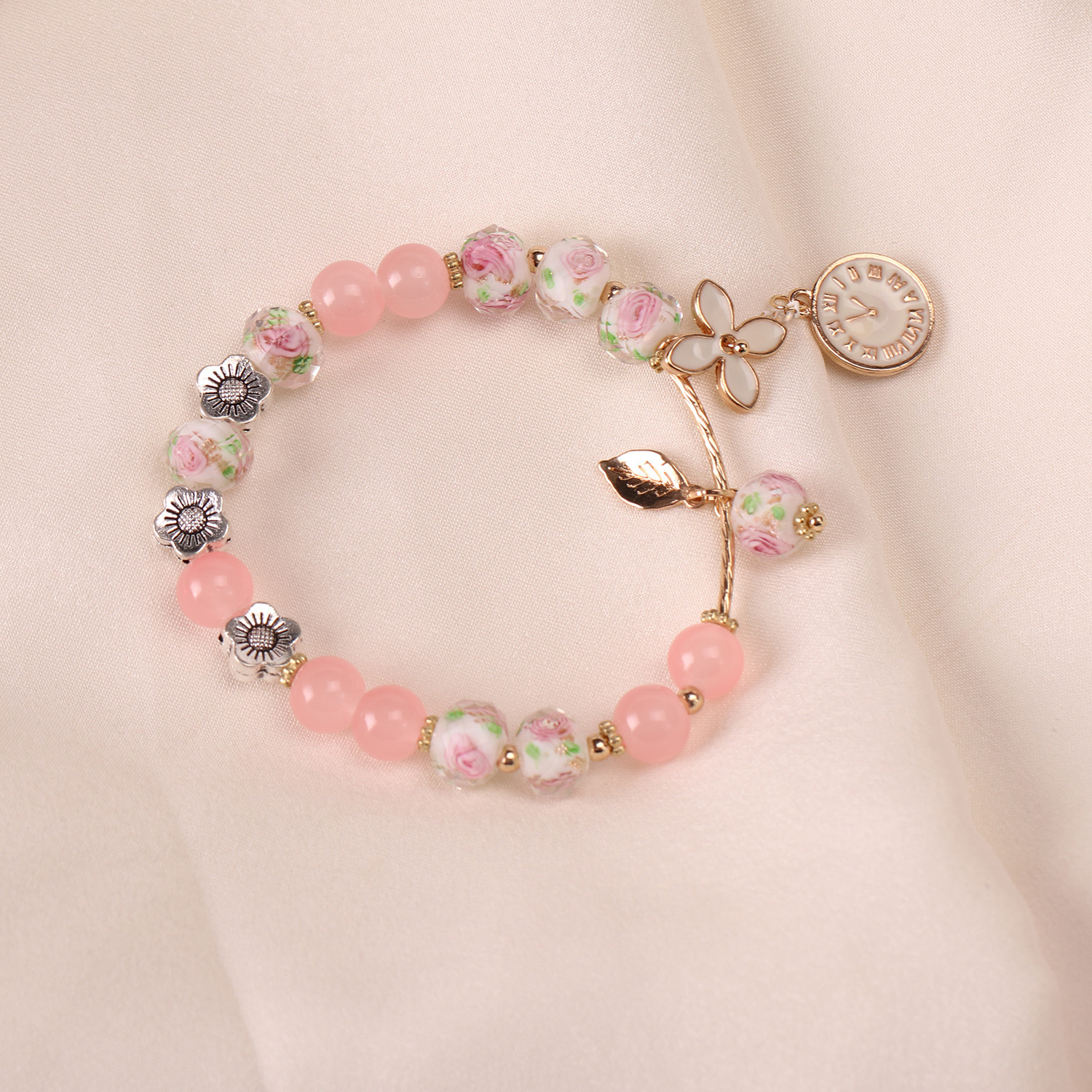 日韩复古花朵琉璃手链女简约民族风时钟叶子手串个性手环闺蜜学生