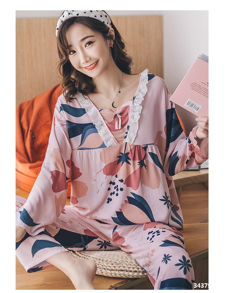 棉绸睡衣女春夏长袖裤甜美绵绸人造棉薄款套头圆领两件套装家居服